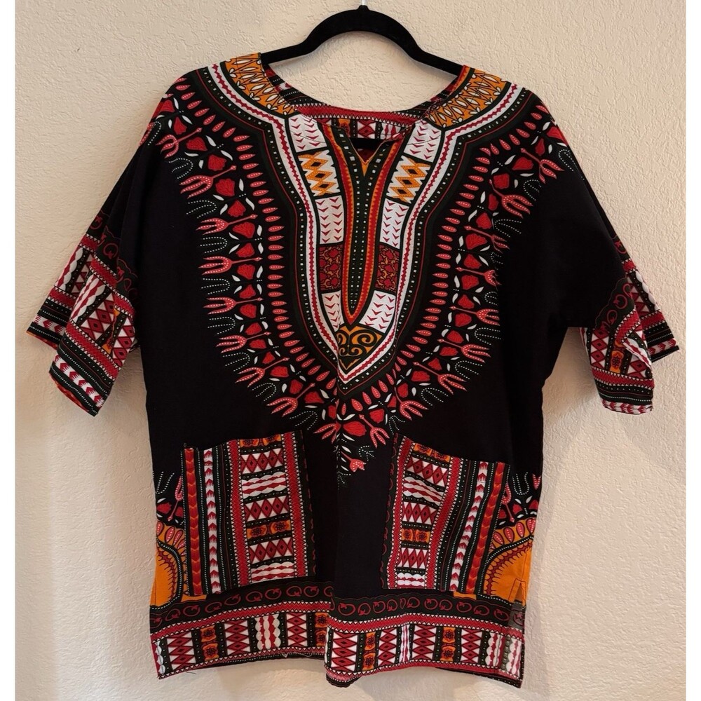 African Dashiki Traditional Boohoo Dressy Shirt Top Black Multicolor 48"‎ Chest